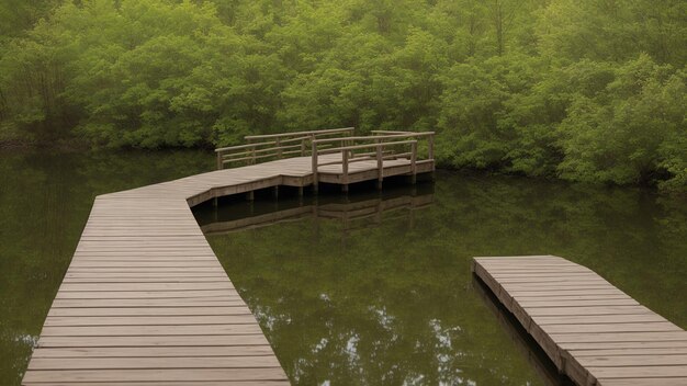 Photo a wooden bridge over a small body of water