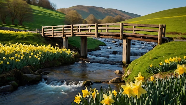 Wooden bridge over a stream of daffodils at sunset