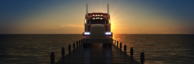 Photo wooden bridge in a sunset with truck 3d rendering