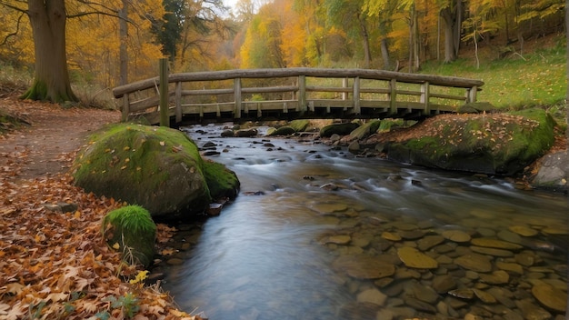 Wooden bridge over a tranquil forest stream