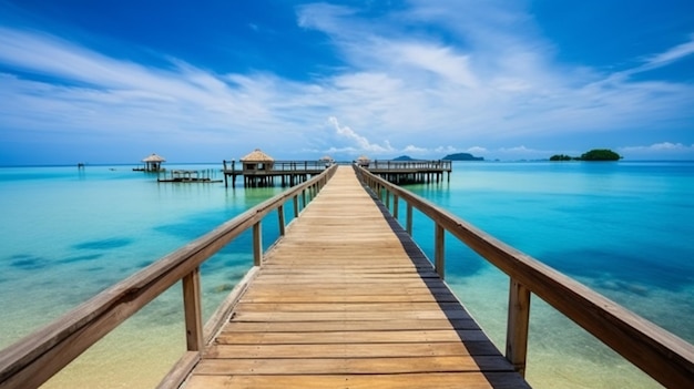 A wooden bridge over a tropical ocean with a blue sky and palm trees in the background.