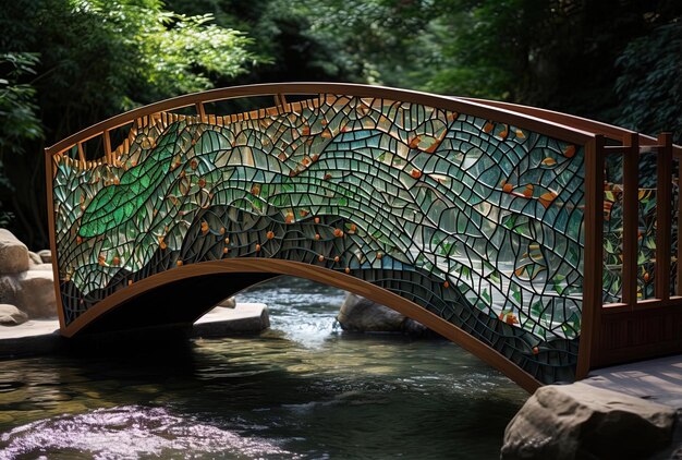 wooden bridge over a waterfall in this park in the style of glass fragments art