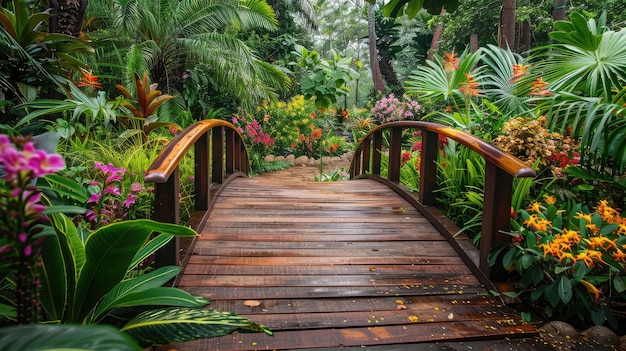 Foto un ponte di legno che si snoda attraverso un lussureggiante giardino botanico circondato da fiori colorati e fogliame verde