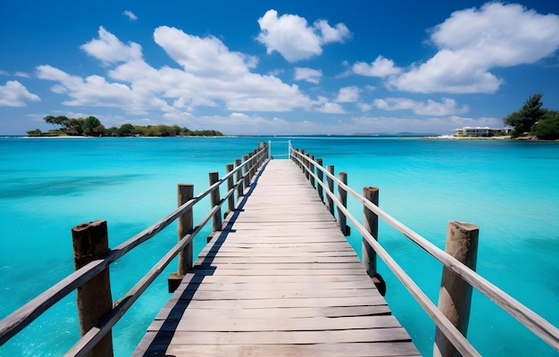 Wooden bridge with beautiful turquoise ocean and island for travel vacation card design