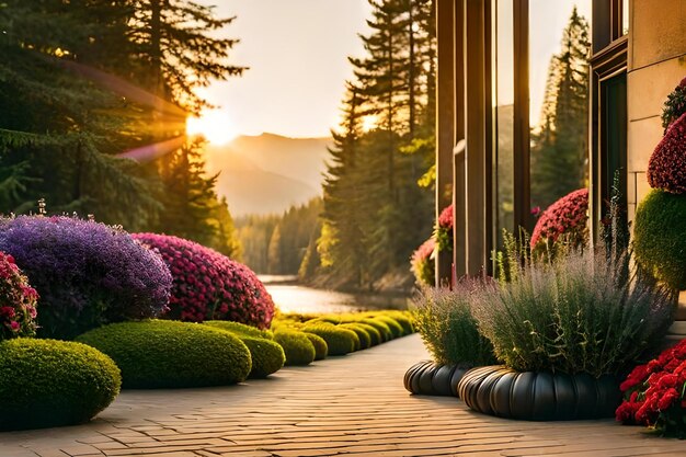 A wooden bridge with a garden in the background