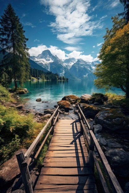 Premium AI Image | Wooden bridge with lake background