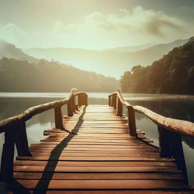 Wooden bridge with lake background