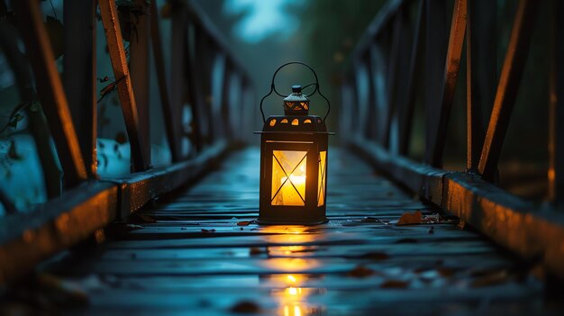 Photo a wooden bridge with a lantern on it the bridge is in a forest and it is dark outside the lantern is the only source of light