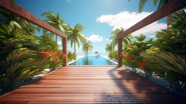 A wooden bridge with palm trees and a tropical beach in the background