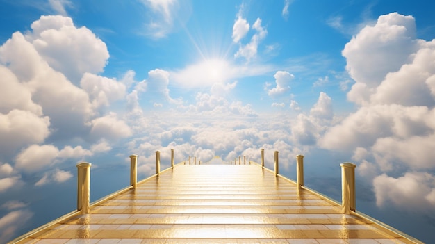 A wooden bridge with a sky background and a ladder leading to the sun