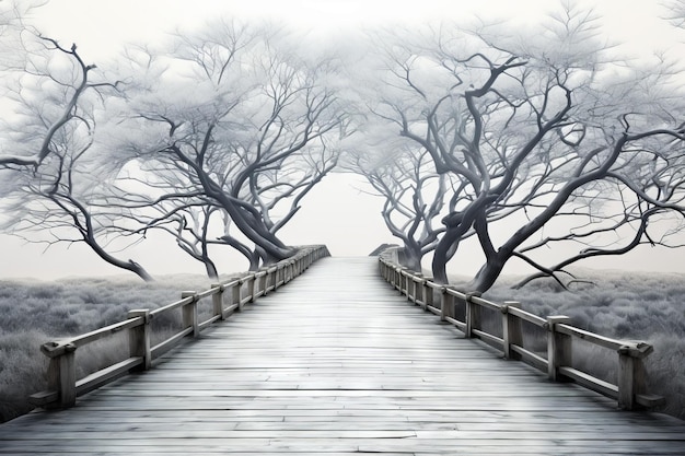 Wooden bridge with trees on both sides of it and foggy sky above Generative AI