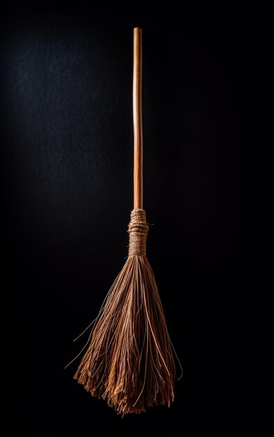 A wooden broom with a rope around the handle