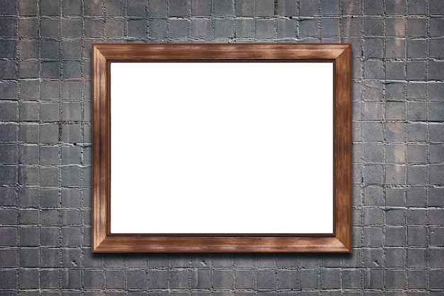 Wooden brown frame on stone gray wall