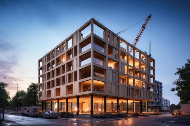 Wooden building module is raised by a crane