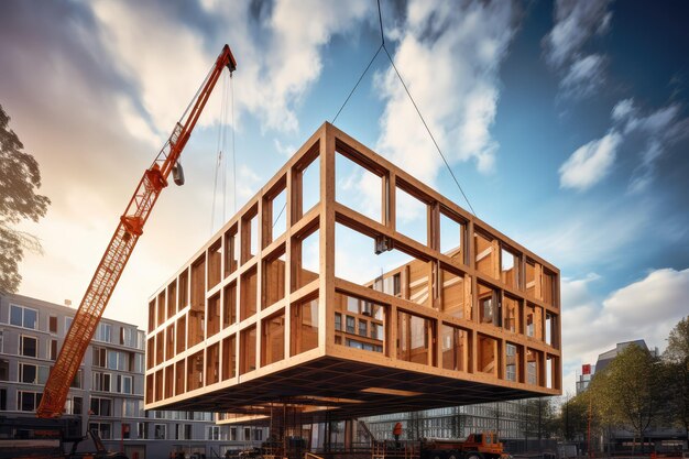 Wooden building module is raised by a crane