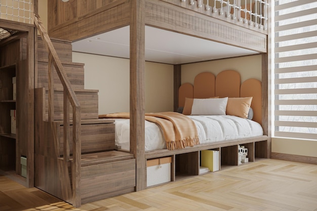 A wooden bunk bed with stairs leading up to the top bunk feature in a childs bedroom