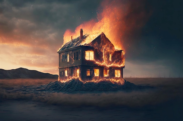 Wooden burning house with flames covering roof and walls