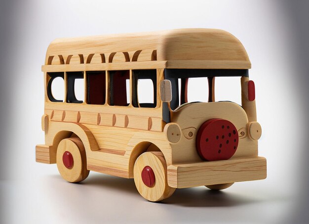 Wooden bus toy on white background ai generative