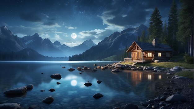 Photo a wooden cabin on a lake at night with a full moon in the sky and mountains in the distance