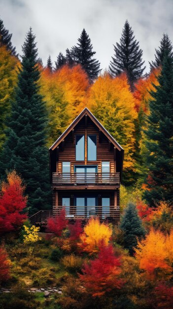 Foto una capanna di legno annidata in mezzo a una foresta colorata