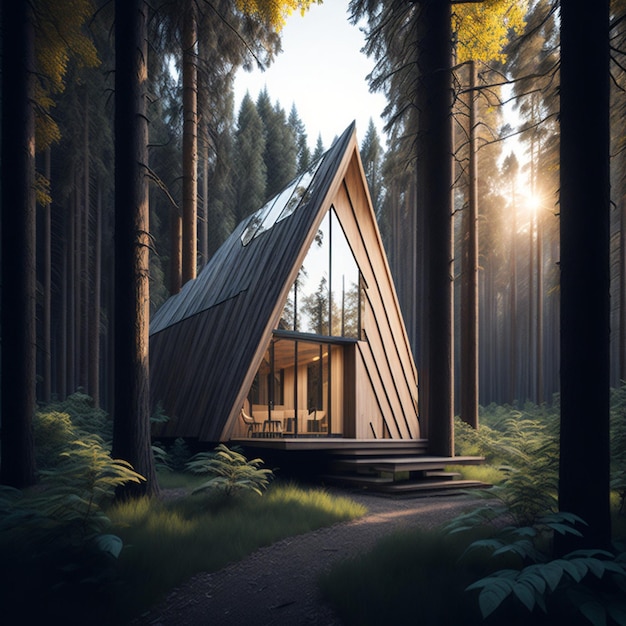 A wooden cabin in an oak forest in Bauhaus style hyper realistic volumetric lighting