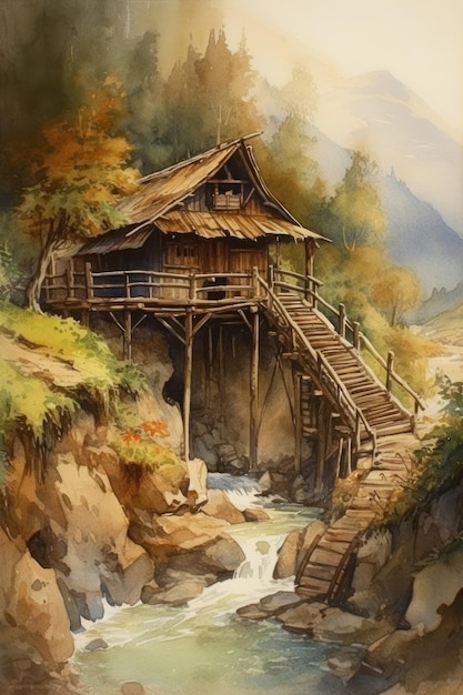 Wooden cabin next to a river in the middle of the forest