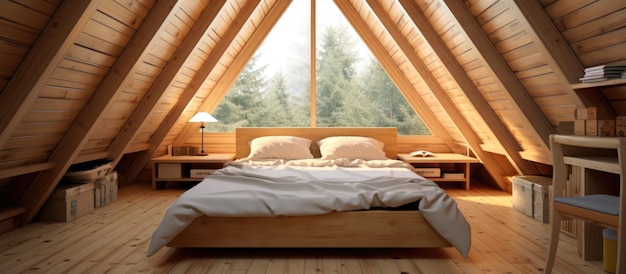 カーペット敷きの床にダブルベッドを備えた木製のキャビン ピラミッド型のバンガローの小さな部屋で、角度のある壁、窓の照明、きちんと作られたベッド、手作りの木製インテリア