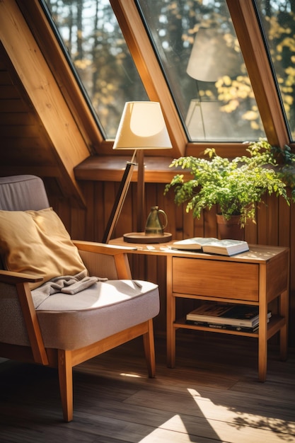 A wooden cabin with a large window a reading chair and a small table with a lamp and a book on it