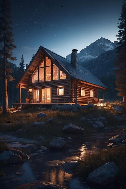 発電人工知能技術を使用して作成された山岳風景の夜に照らされた窓を持つ木製の小屋