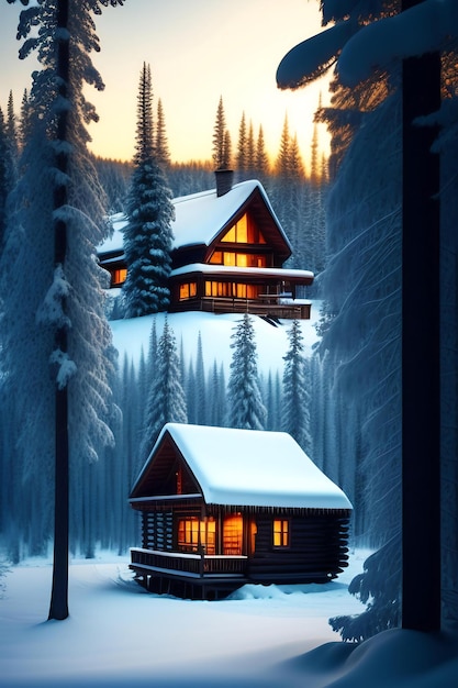 Photo wooden cabin in the woods at winter