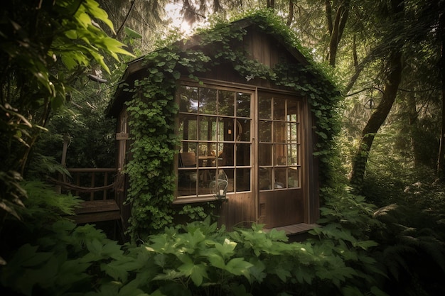 A wooden cabin in the woods with green ivy on the walls.