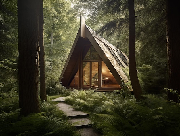 Деревянный домик в лесу с деревянной крышей и деревянным столом.
