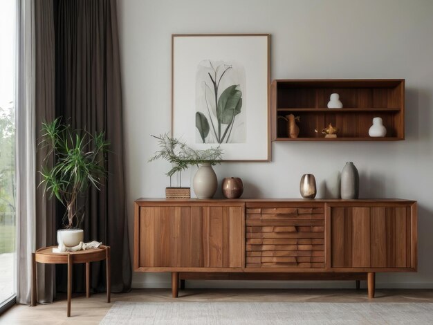 Wooden cabinet and accessories decor in living room interior on empty white wall background