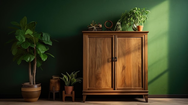 A wooden cabinet accessories and a green wall in a mockup