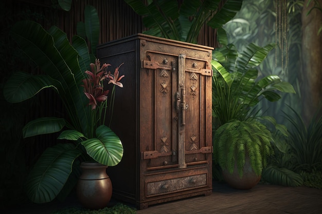 Wooden cabinet in the jungle Generative AI Vintage style