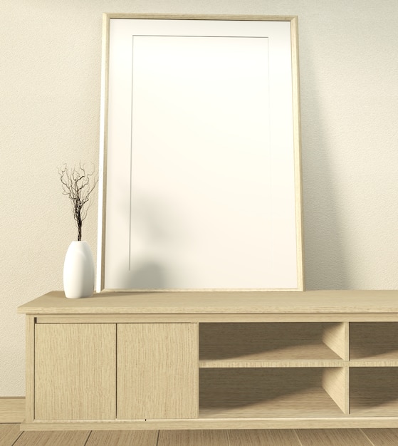 Деревянный шкаф в современной пустой комнате в японском стиле дзен, минималистичный дизайн. 3D рендеринг