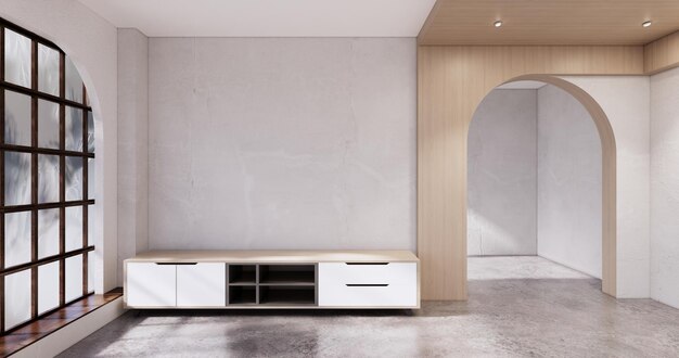 Wooden cabinet in Muji empty room Japandi minimal designs 3D rendering