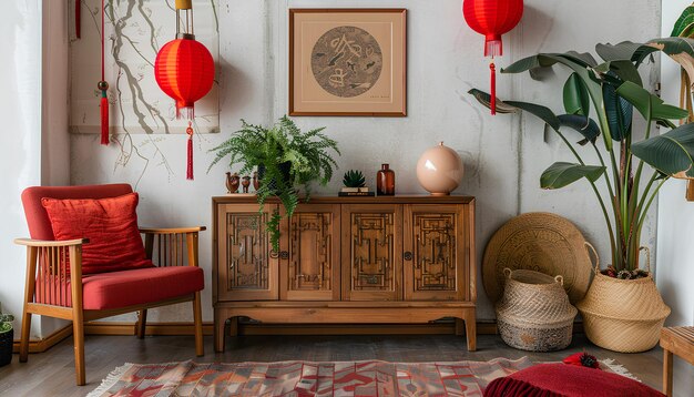 Деревянный шкаф с украшениями для празднования китайского Нового года в гостиной