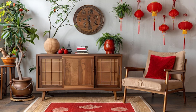 Wooden cabinet with decorations for Chinese New Year celebration in living room