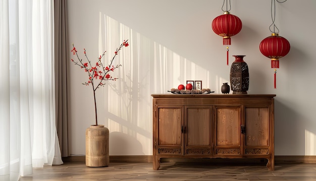 Wooden cabinet with decorations for Chinese New Year celebration in living room