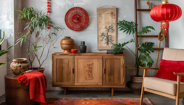 Photo wooden cabinet with decorations for chinese new year celebration in living room