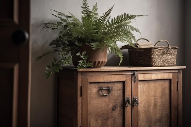 A wooden cabinet with a fern plant on it