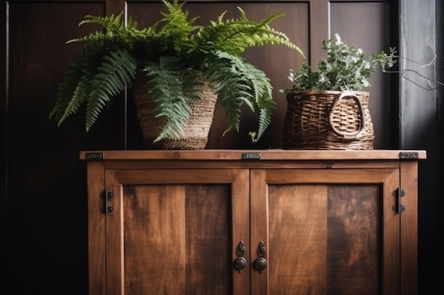 A wooden cabinet with a plant on it and a basket with ferns on it.