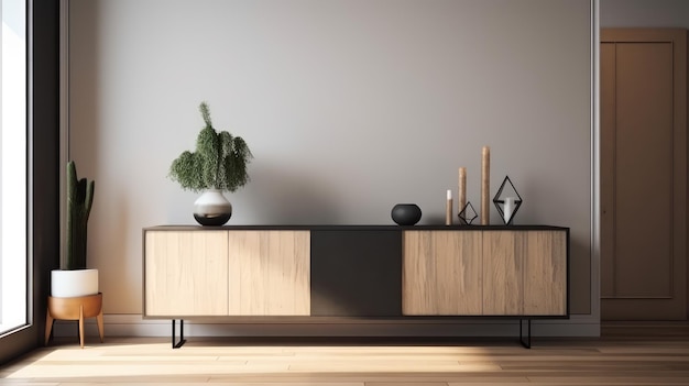 A wooden cabinet with a plant on it and a plant on the side.