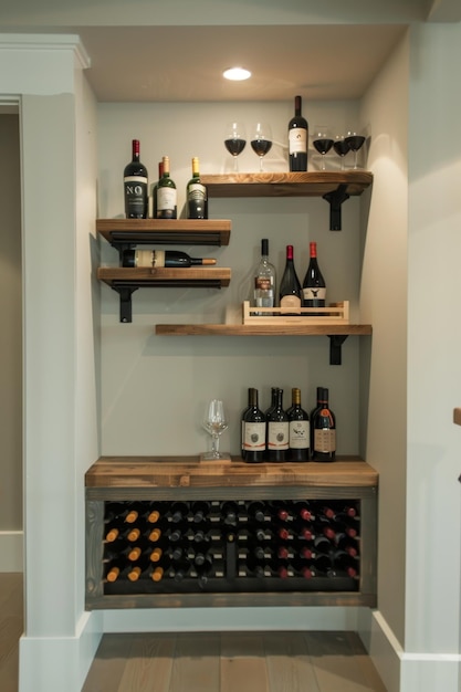 A wooden cabinet with shelves for storing wine bottles stands in the home kitchen