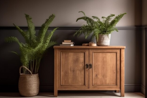 A wooden cabinet with two plants on it next to a dark grey wall.