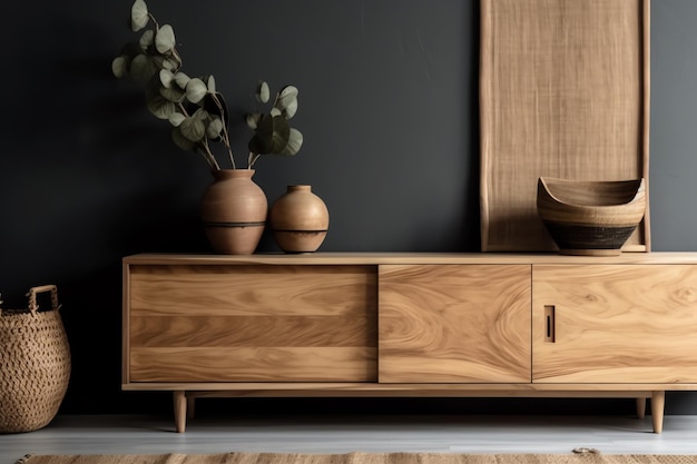 A wooden cabinet with a vase on it and a vase on the side.