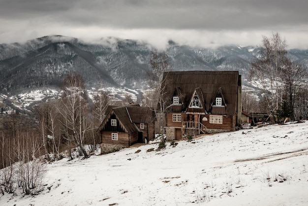Wooden cabins in the winter mountains