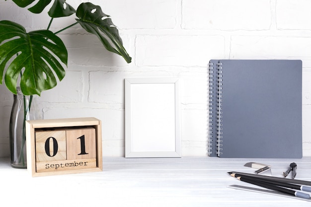 Wooden calendar, group of school supplies