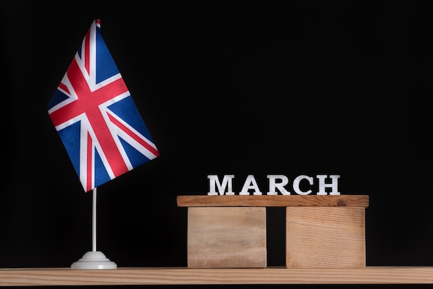 Wooden calendar of March with Great Britain flag